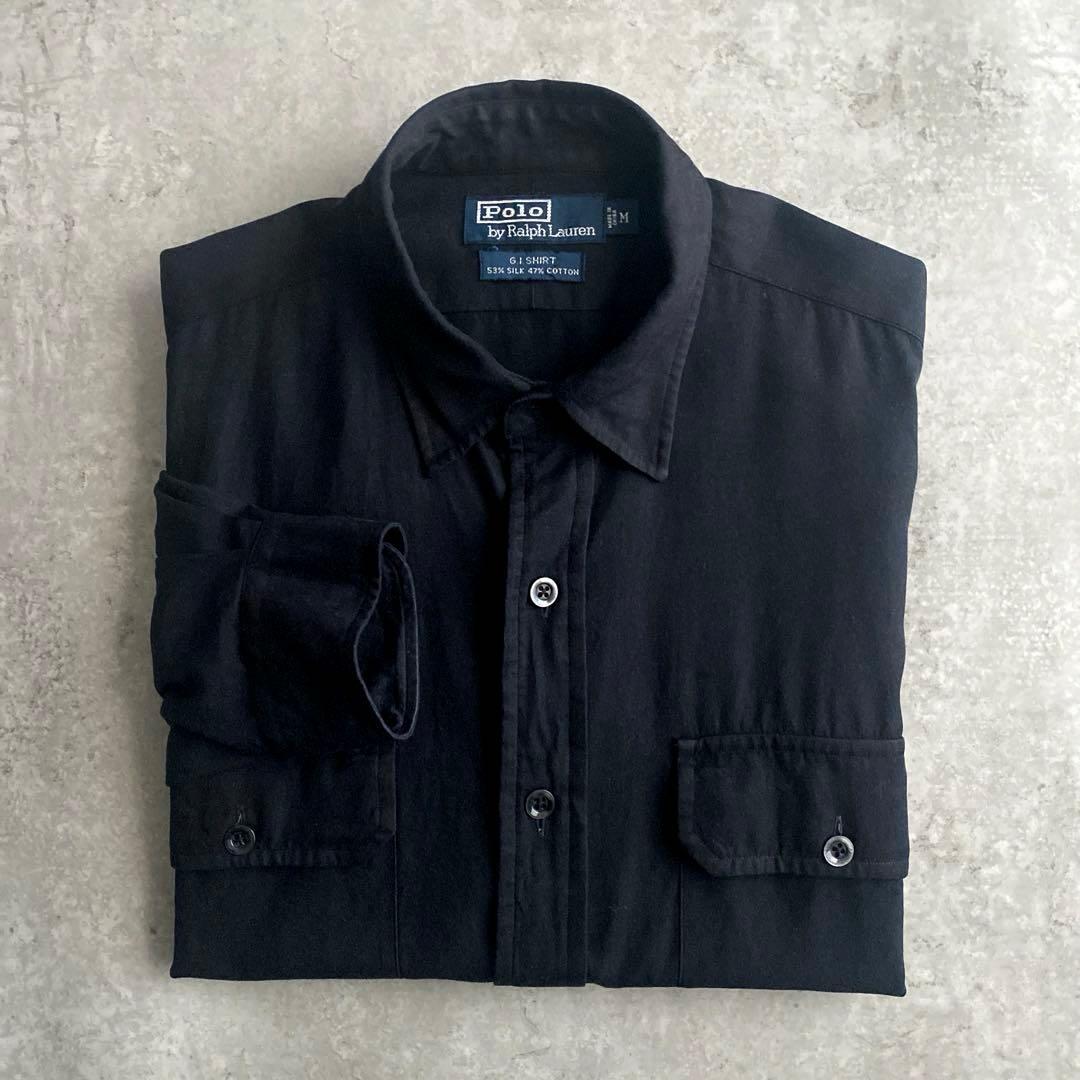 90s ポロ ラルフローレン シルク混 無地 G.I.シャツ M 黒 ブラック
