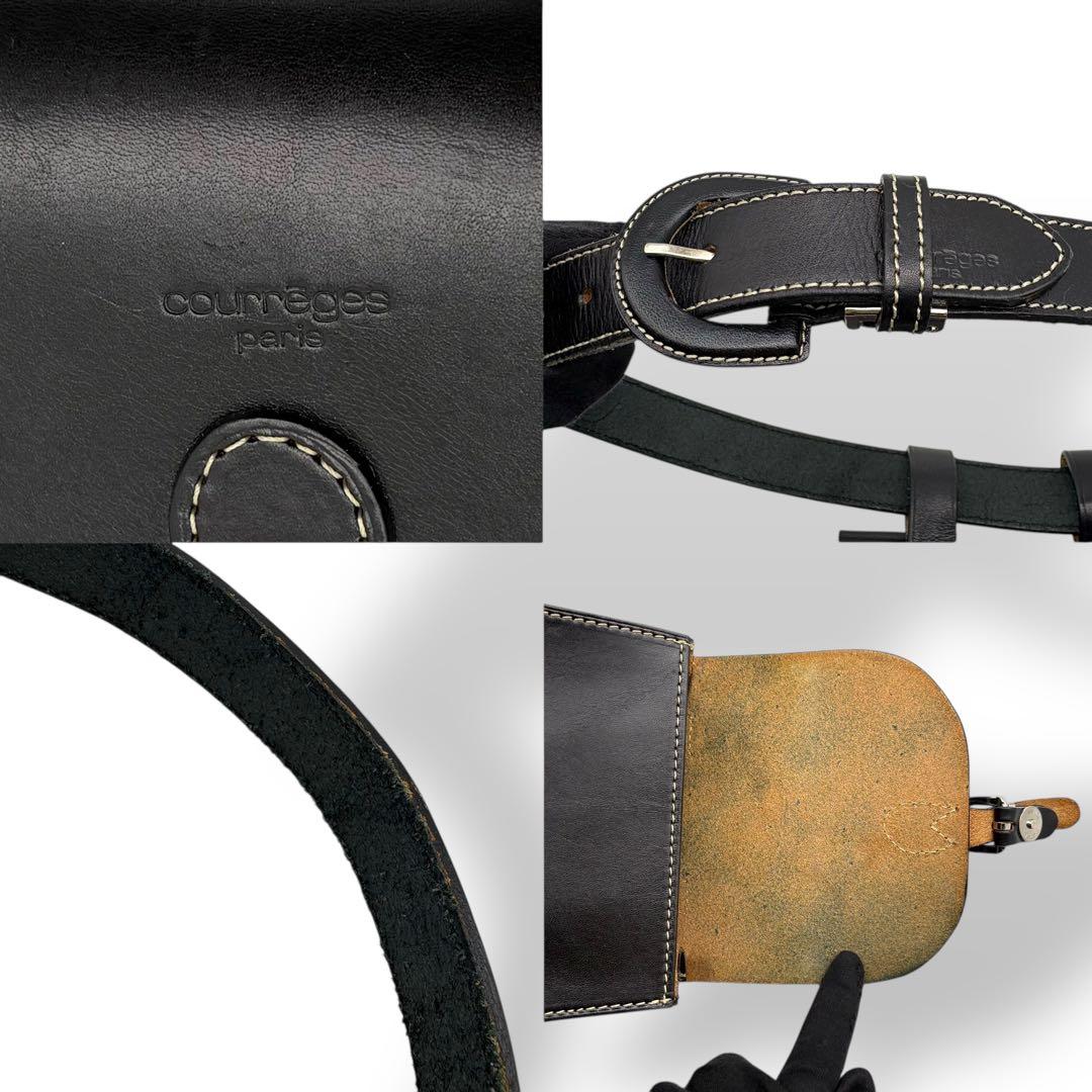 クレージュ ウエストポーチ ボディバッグ レザー 黒 ブラック 型押しロゴ