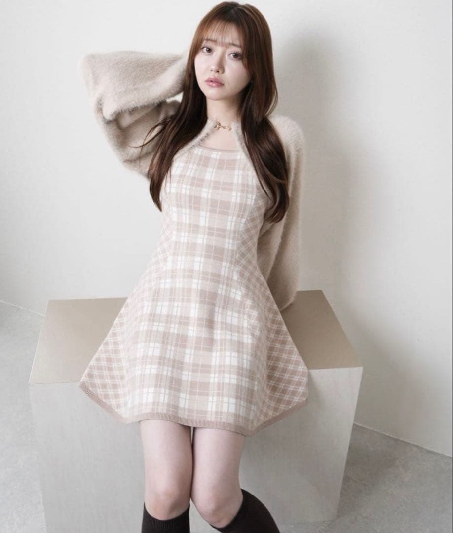 LIP SERVICE アイボリー M ワンピース フェザーチェックアンサンブル