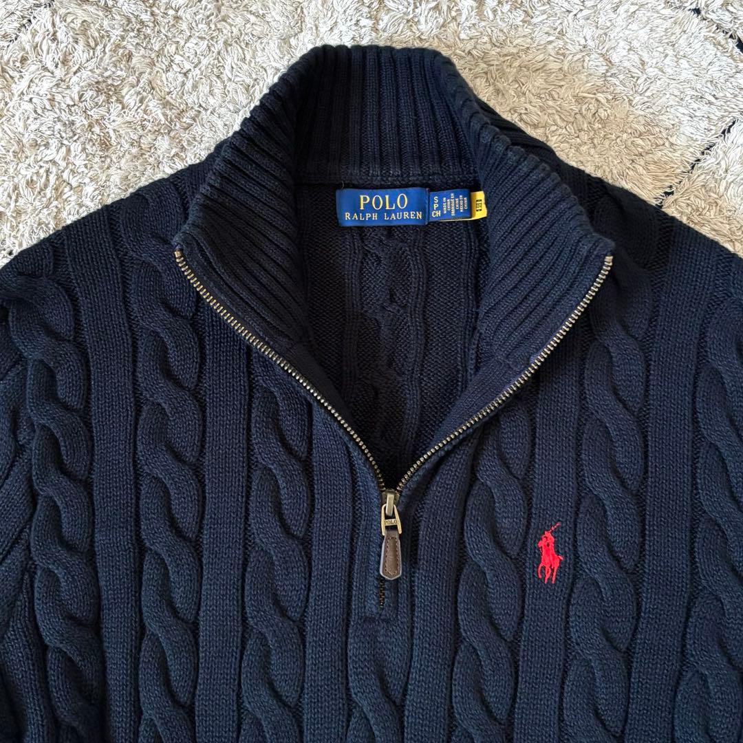 【希少✨】ポロラルフローレン　ケーブルニット　ハーフジップ　紺　大人気　刺繍　S