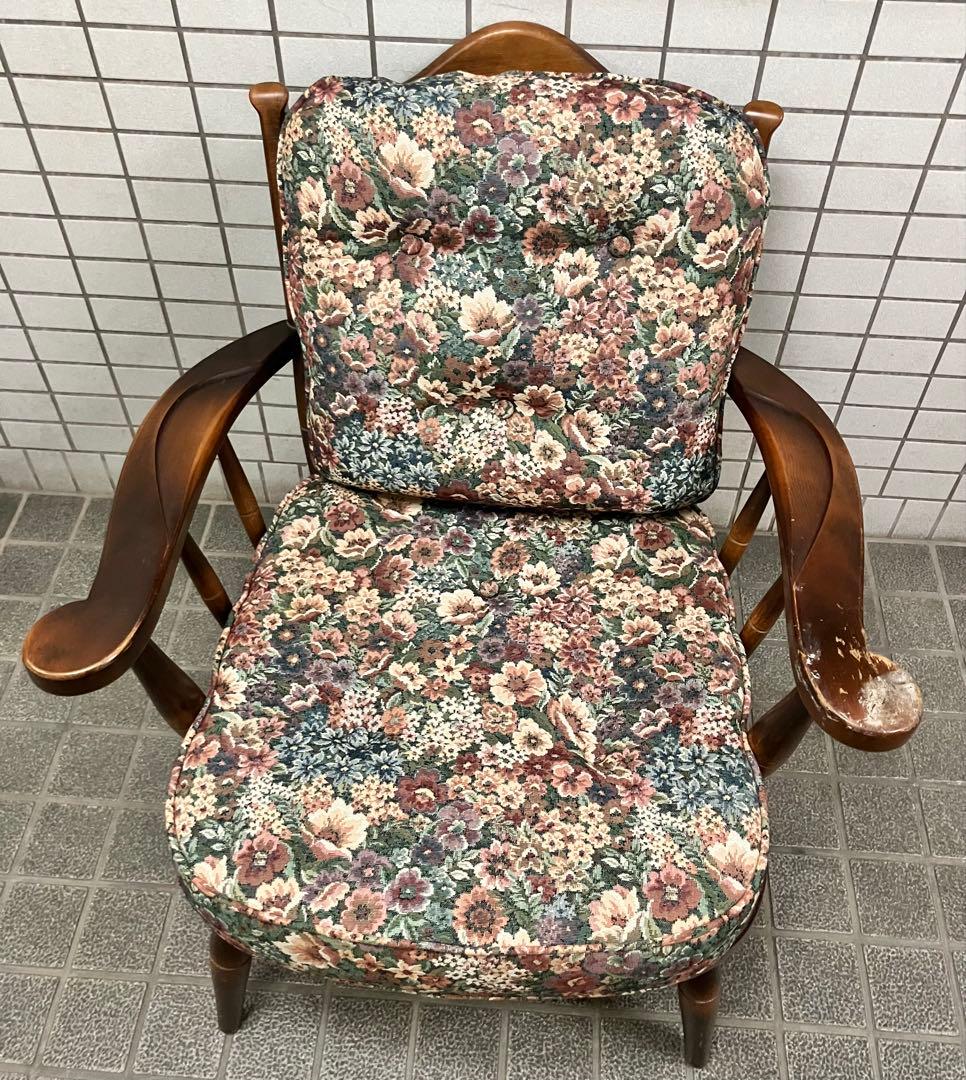 ヴィンテージ 飛騨家具 飛騨産業 乗鞍 リビングチェア 両肘付き 花柄