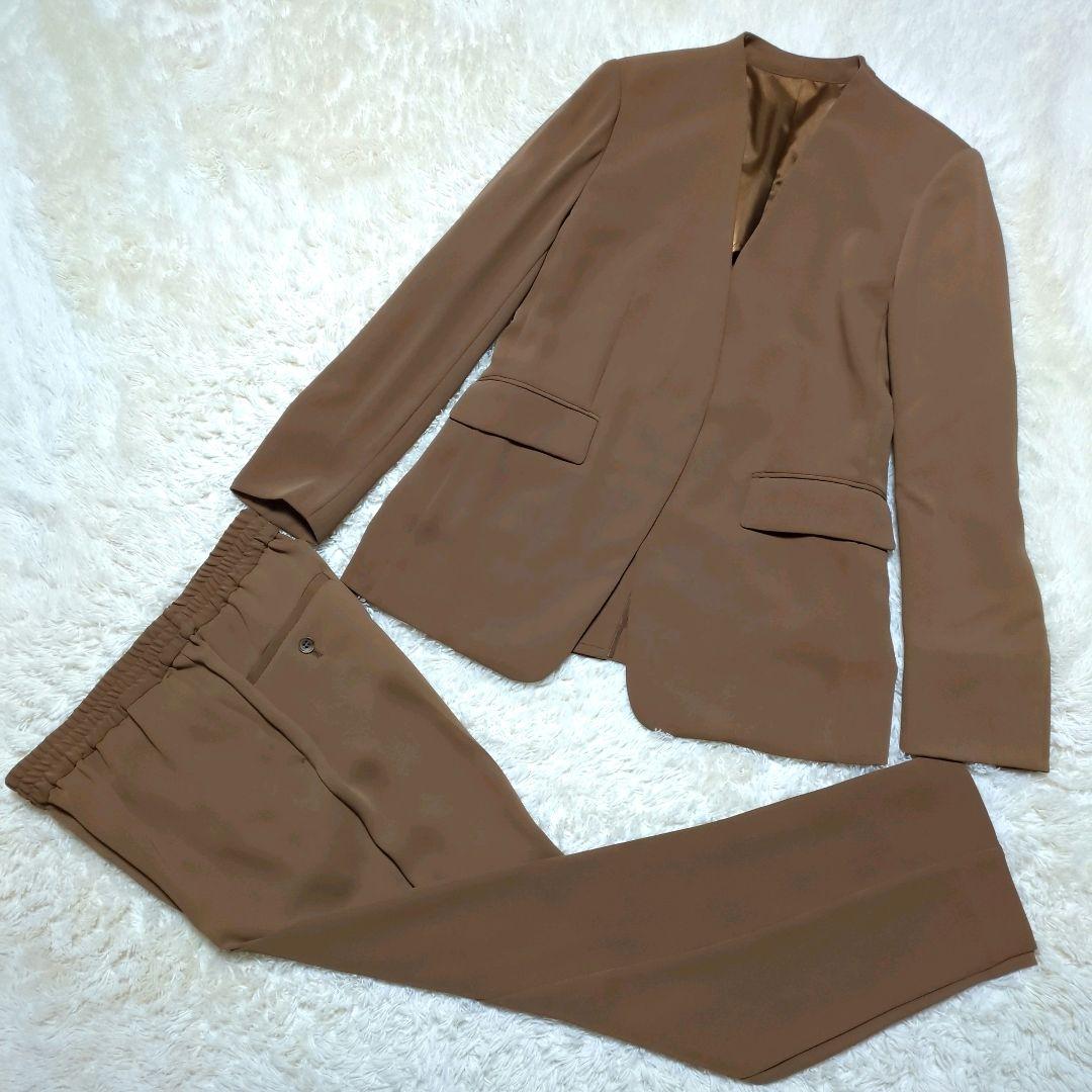 極美品！ROPE　ノーカラーパンツスーツセットアップ　M　ブラウン　ストレッチ