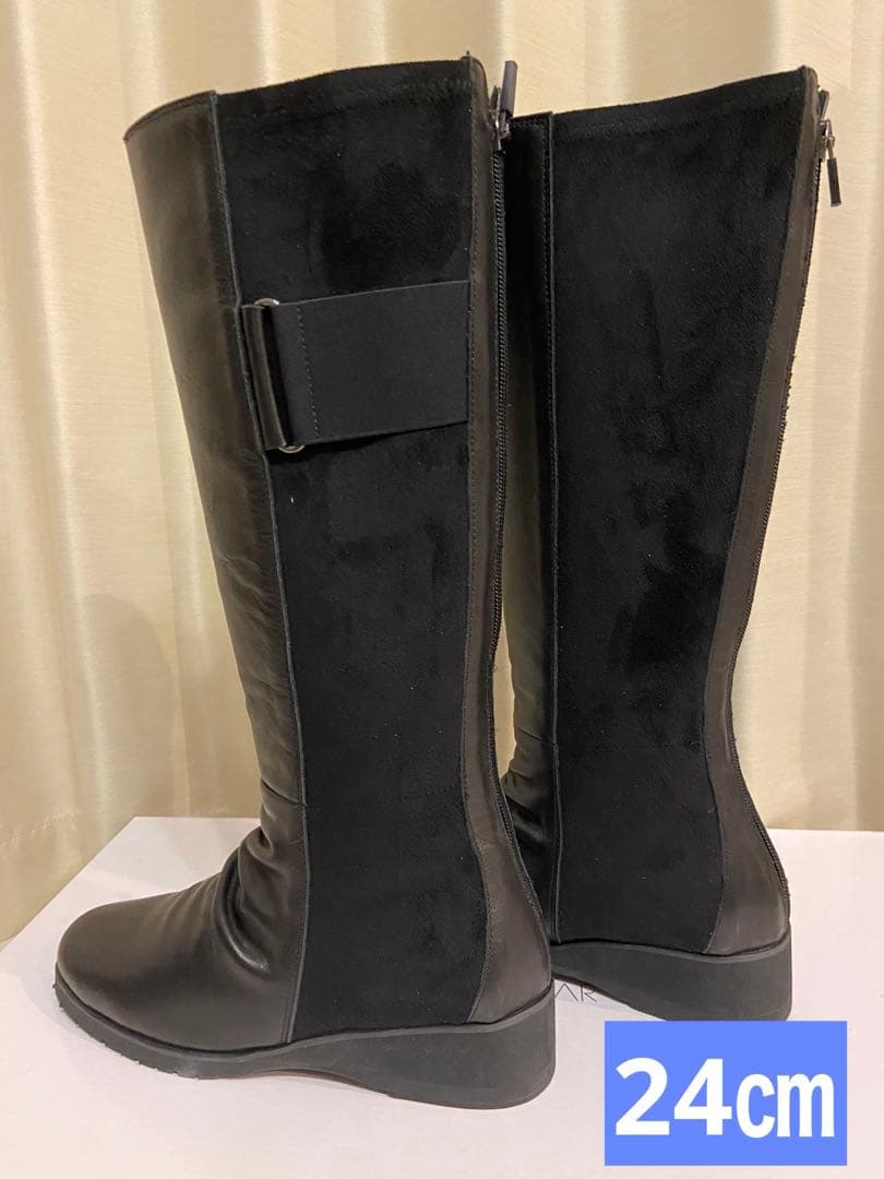 【新品タグ】ブラック ロングブーツ レザー スエード　ヤマダヤ　24