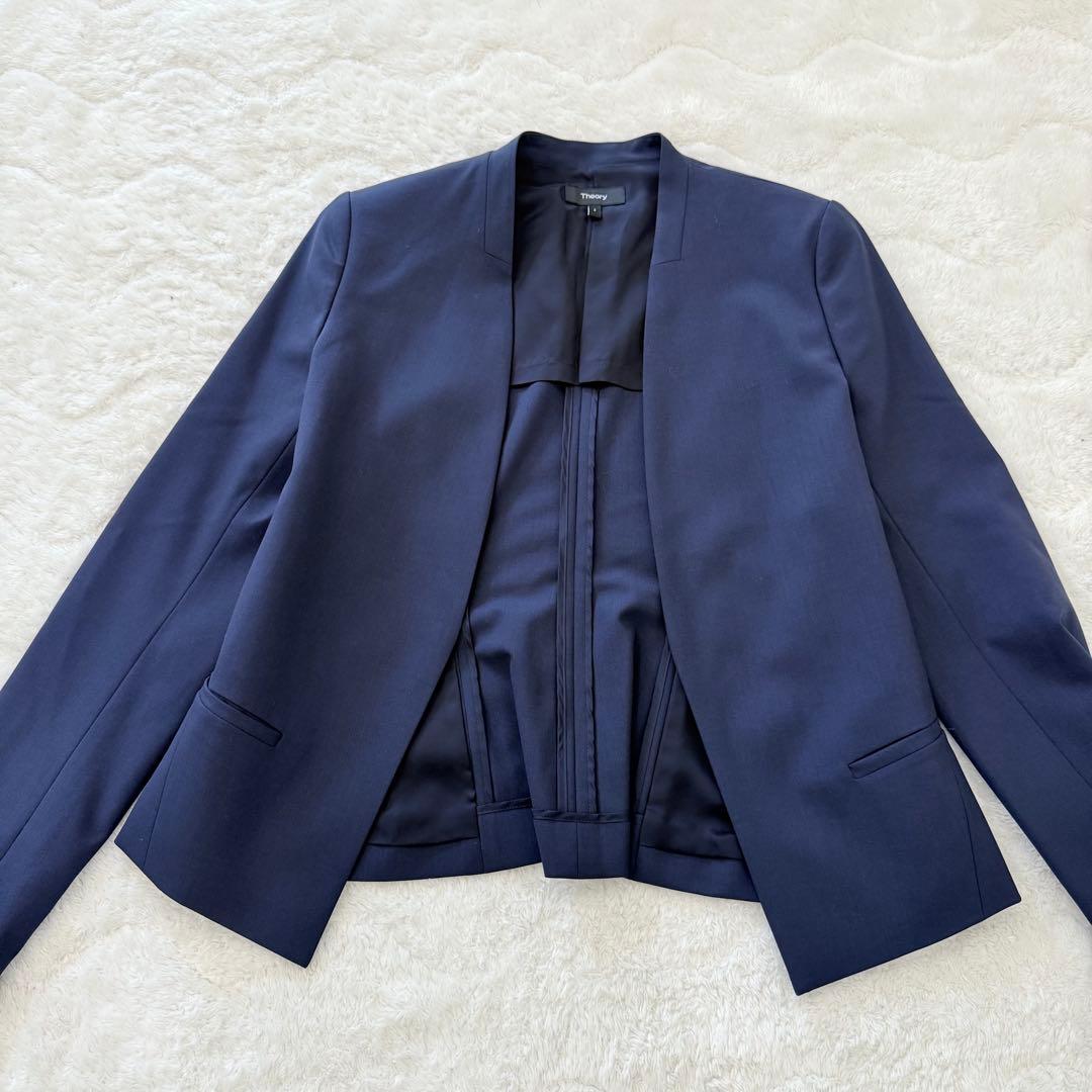 【美品】theoryセオリー/ネイビー ノーカラー パンツスーツ セットアップ