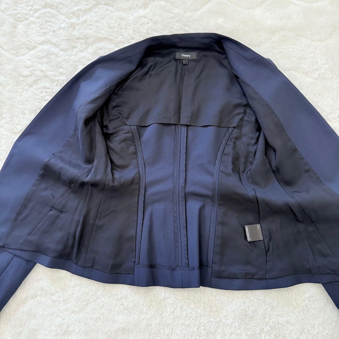 【美品】theoryセオリー/ネイビー ノーカラー パンツスーツ セットアップ