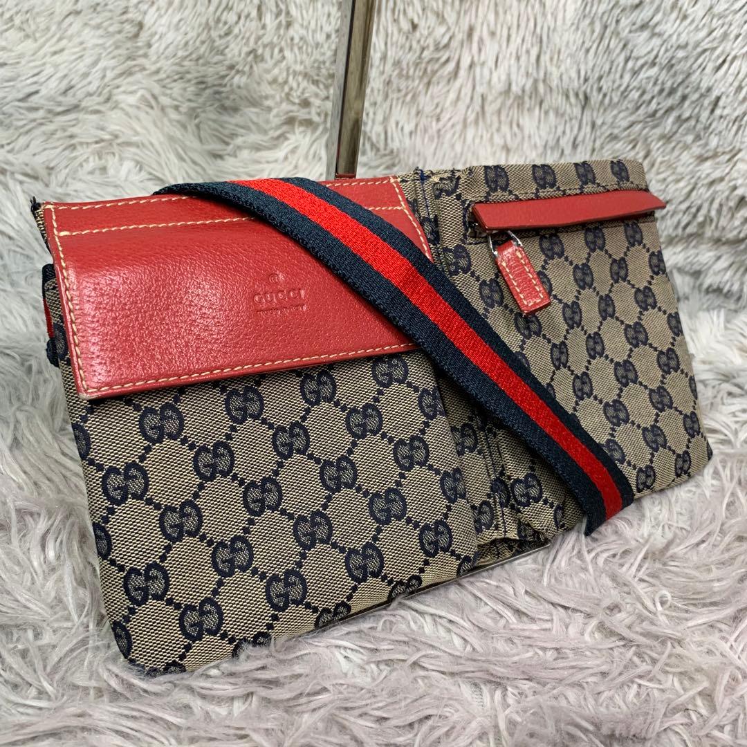 GUCCI グッチ ウエストポーチ ショルダーバッグ GG柄 キャンバス レザー