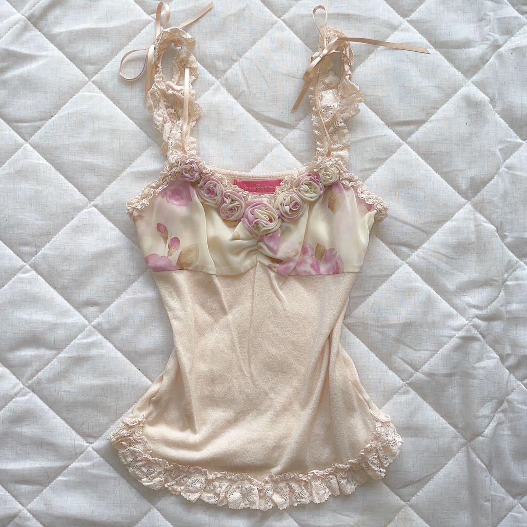 00s ジーザスディアマンテ ぼかし薔薇レースストラップキャミ 姫ギャル