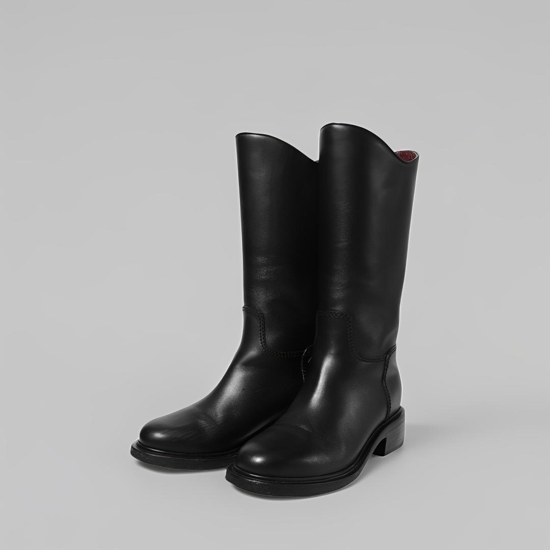 23.5cm CHANEL カーフスキン ロングブーツ BLACK