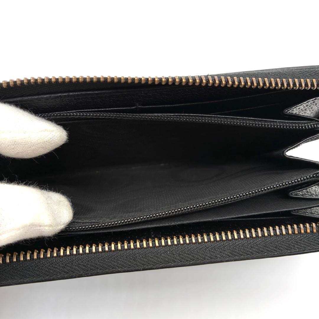 未使用に近い グッチ 長財布 シェリーライン ロゴ レザー ラウンドジップ 黒