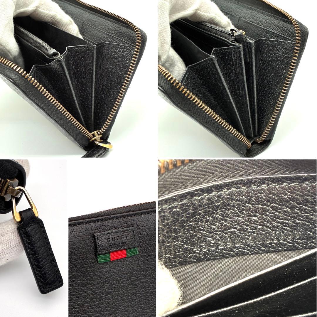 未使用に近い グッチ 長財布 シェリーライン ロゴ レザー ラウンドジップ 黒