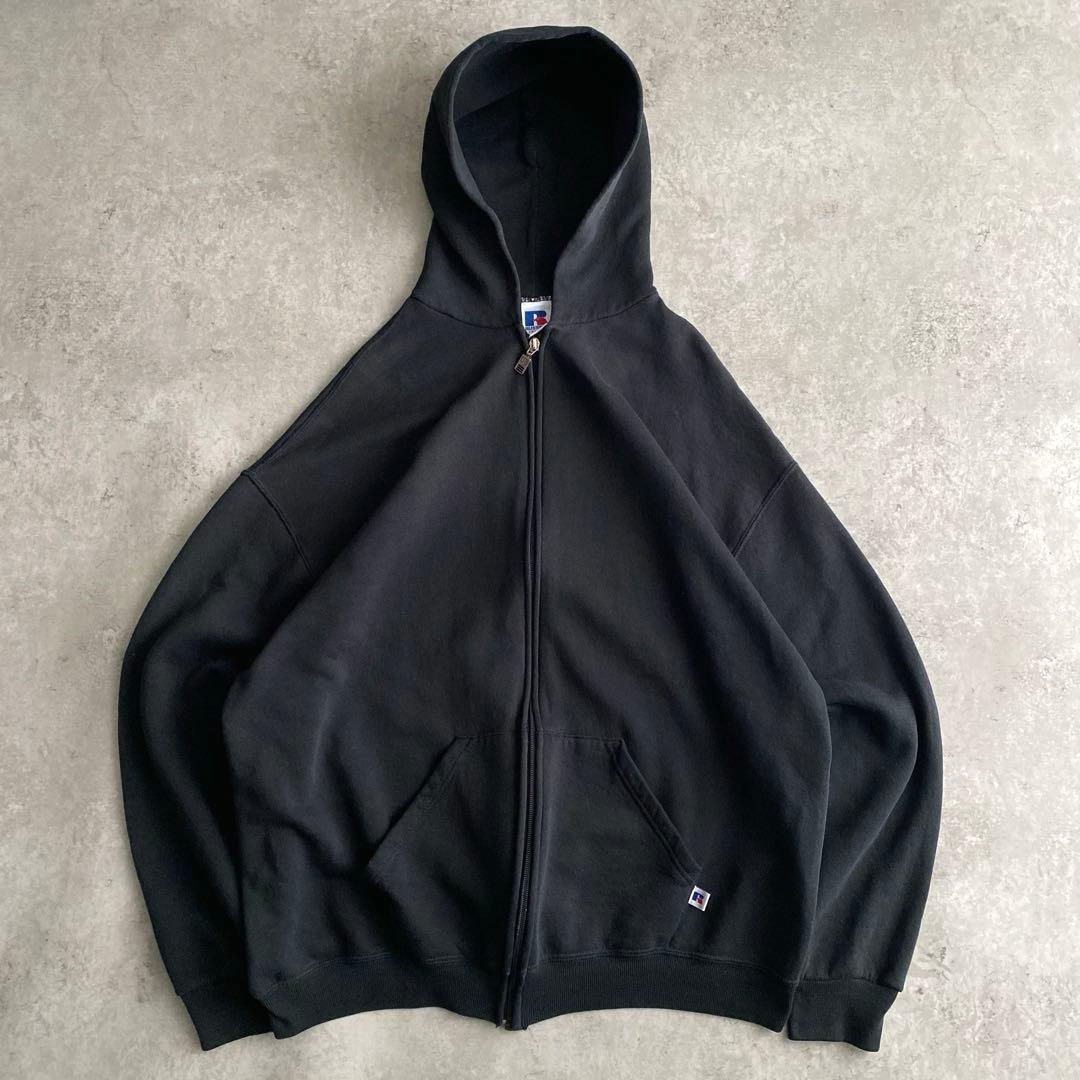 神サイズ 90s ラッセル 無地 ジップ パーカー 黒 ブラック XL