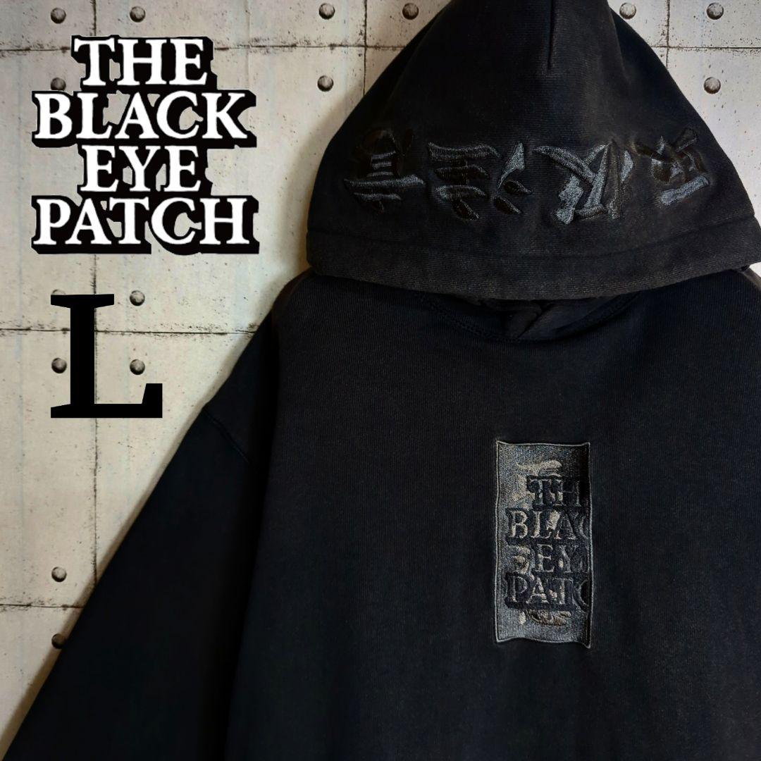 【黒刺繍オールブラック】ブラックアイパッチ　取扱注意　スウェット パーカー　L