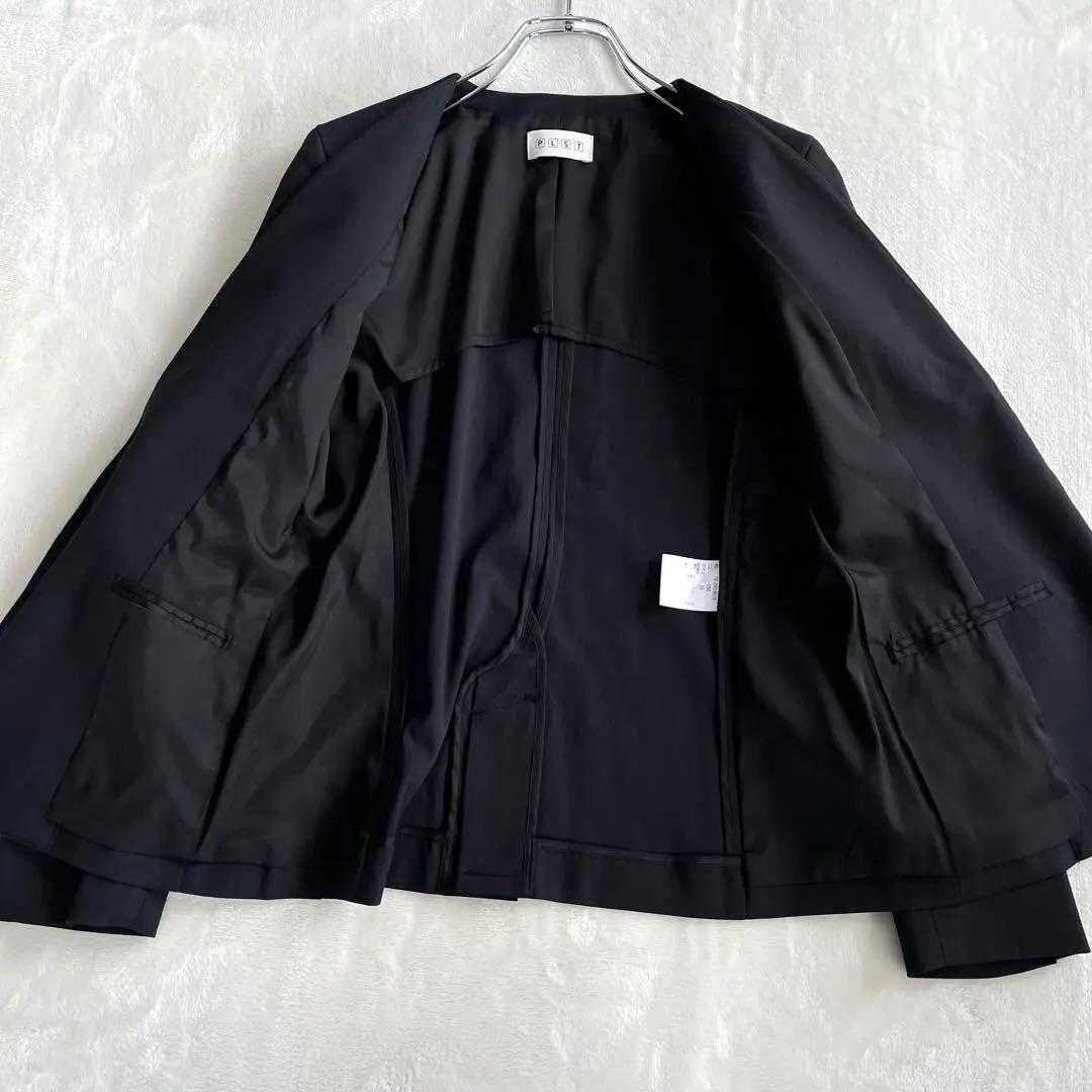 プラステ スーツ XS XXSノーカラー パンツ セットアップ ネイビー 麻混