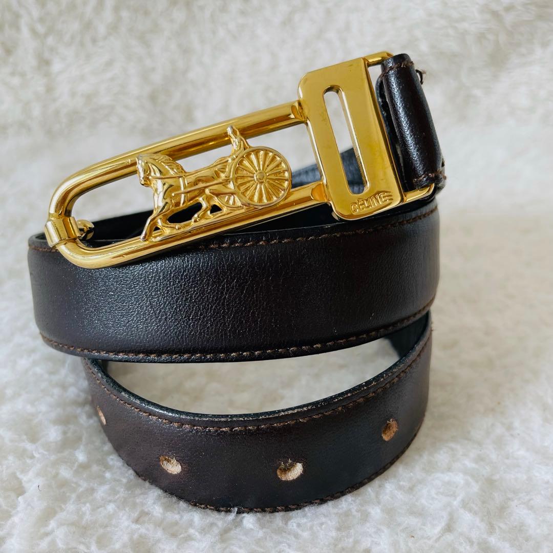 CELINE ベルト 65 こげ茶 ゴールド レディース レザーベルト 馬車金具