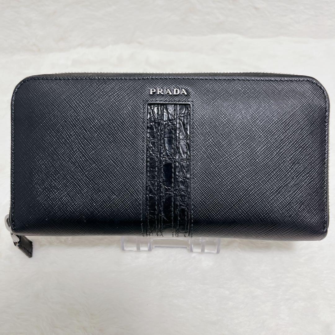 【未使用級】PRADA 長財布 レザー クロコストライプ ギャランティカード付