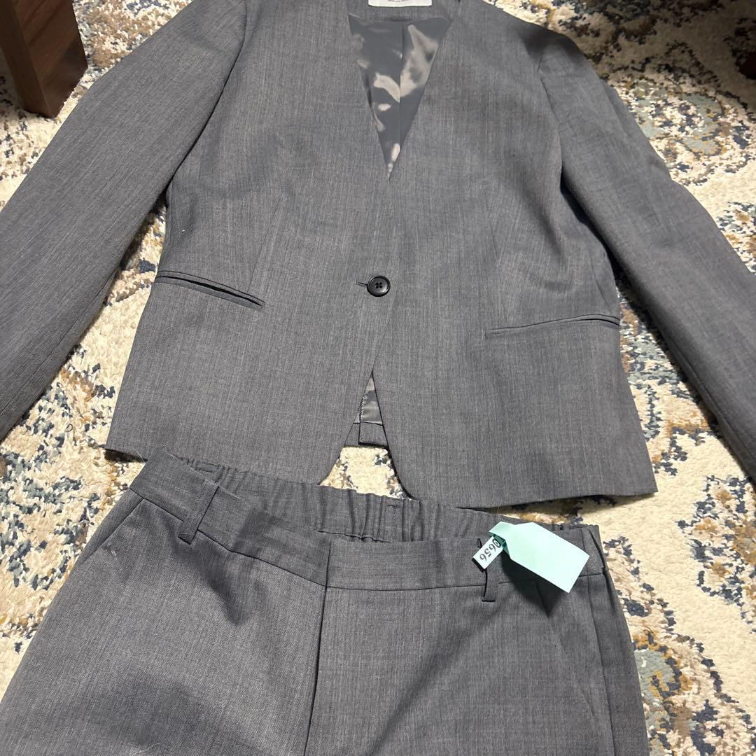 グレー ノーカラー ビジネススーツ 上下セット グリーンレーベル