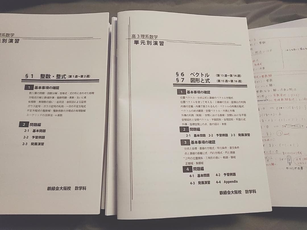 鉄緑会　高3理系数学単元別演習　冊子・プリント・板書　鶴田先生　駿台　河合塾東進