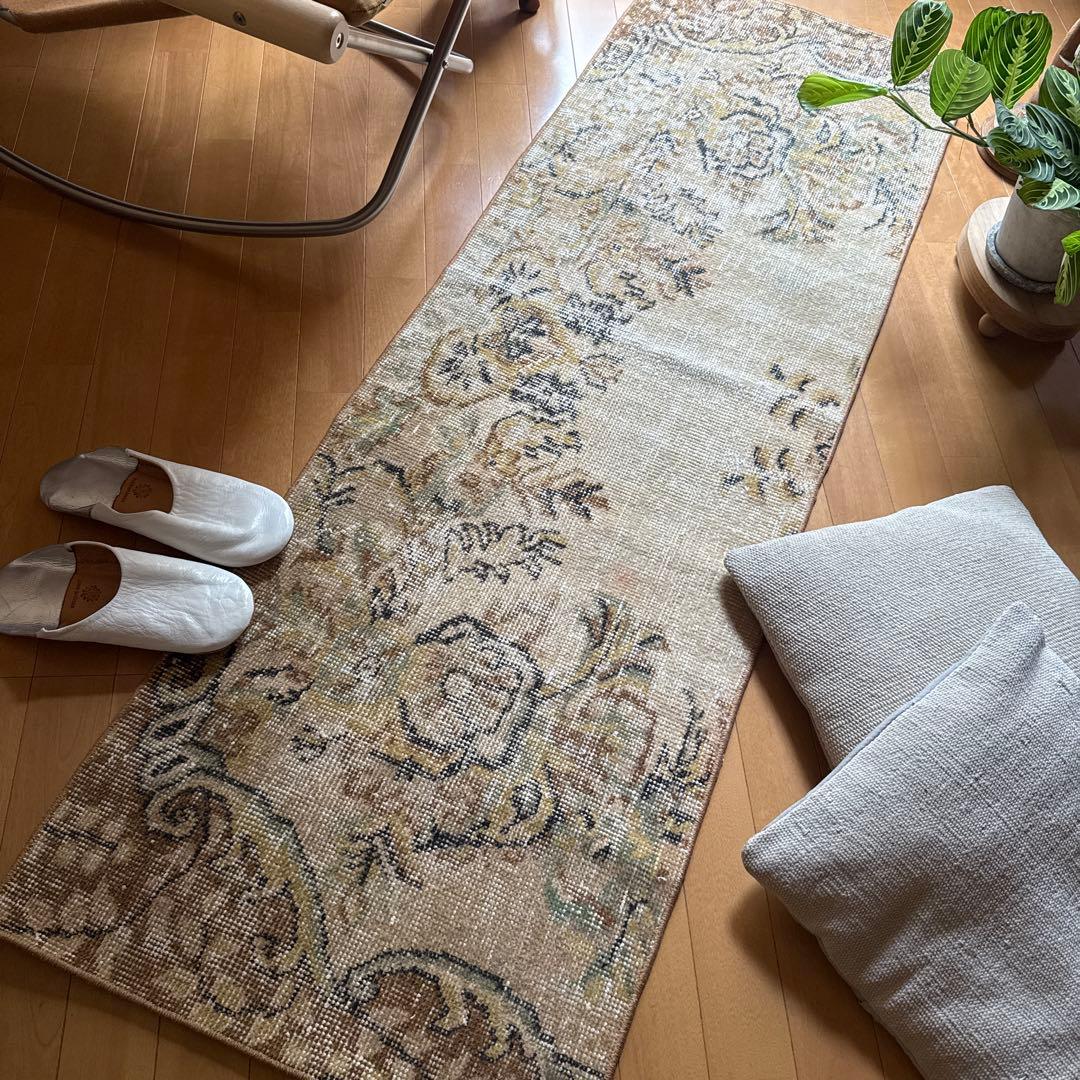 54×165 ロングランナーラグ　ベージュボタニカル　トルコヴィンテージラグ