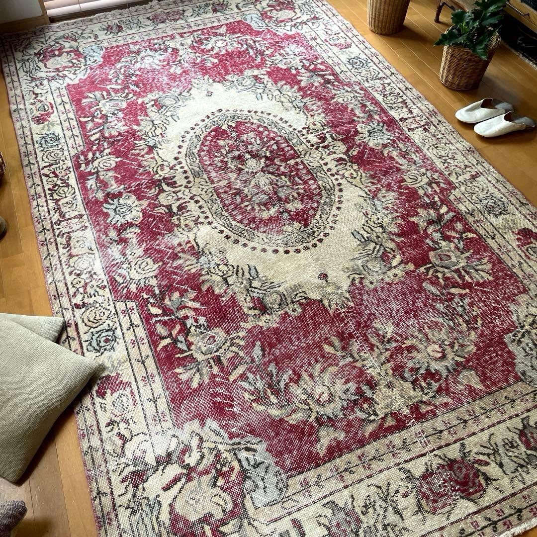 超大判168×290 メダリオン　くすみレッド　ボタニカルトルコヴィンテージラグ