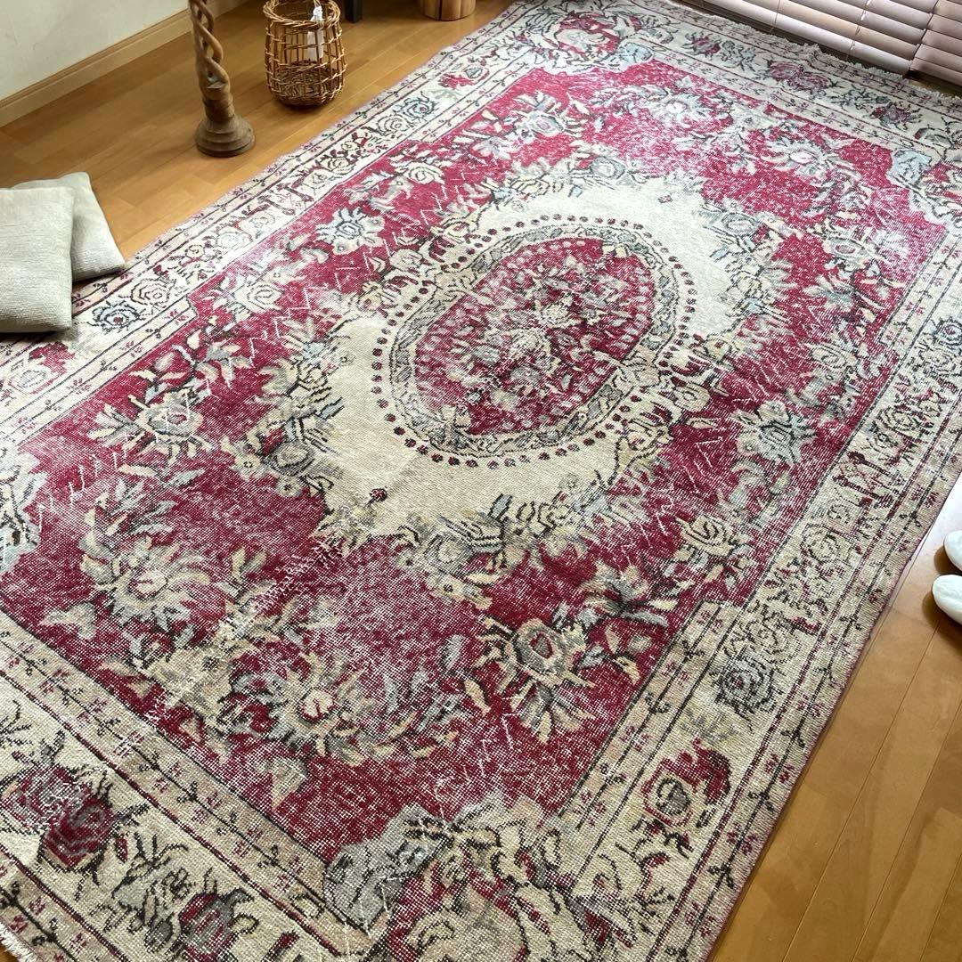 超大判168×290 メダリオン　くすみレッド　ボタニカルトルコヴィンテージラグ