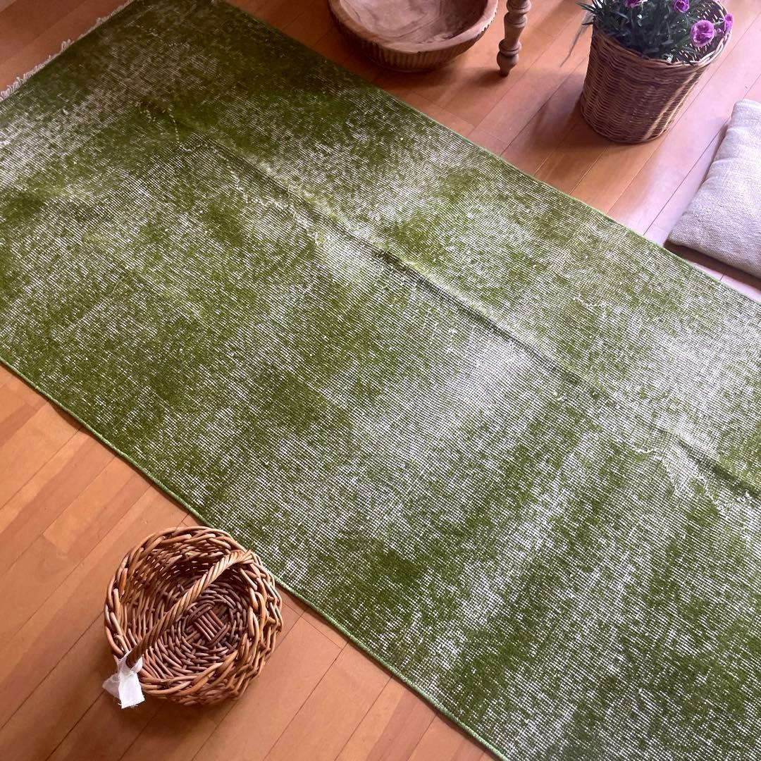 86×209抹茶グリーン　ワンカラーオーバーダイ　匂いありトルコヴィンテージラグ