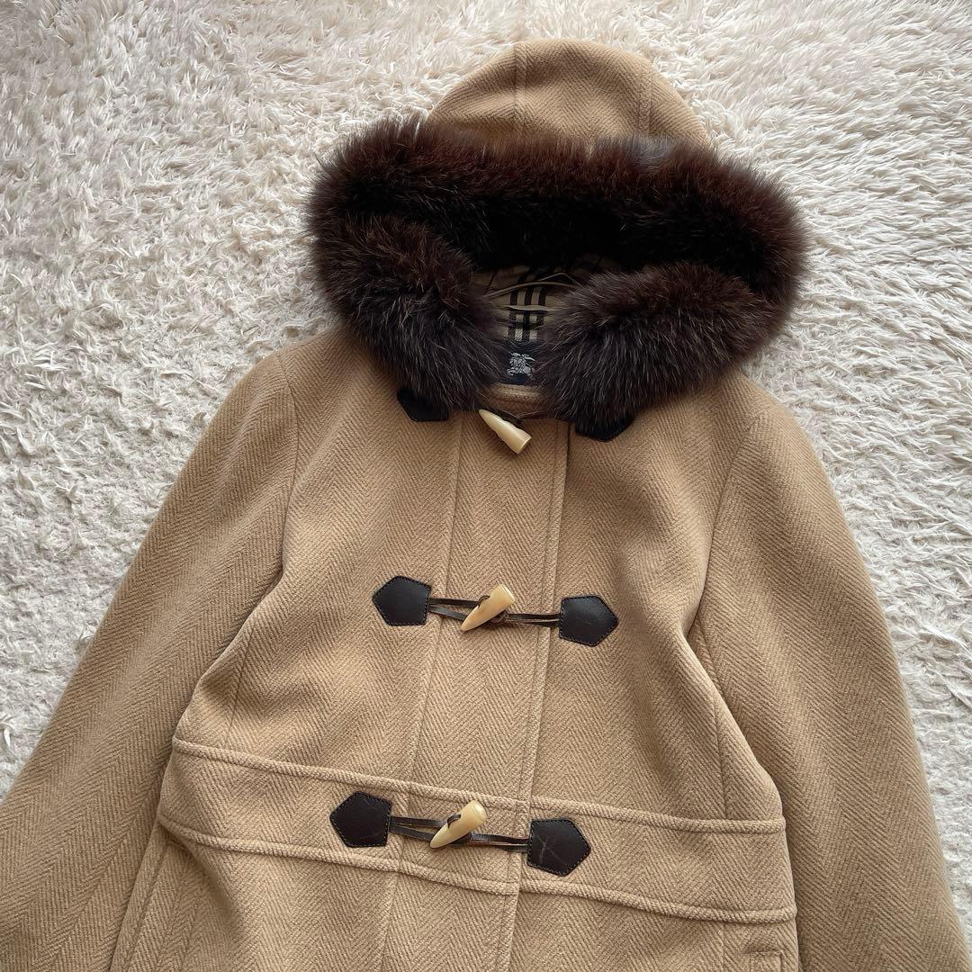 バーバリーロンドン ダッフルコート ノバチェック ファー アンゴラ混 ベージュ