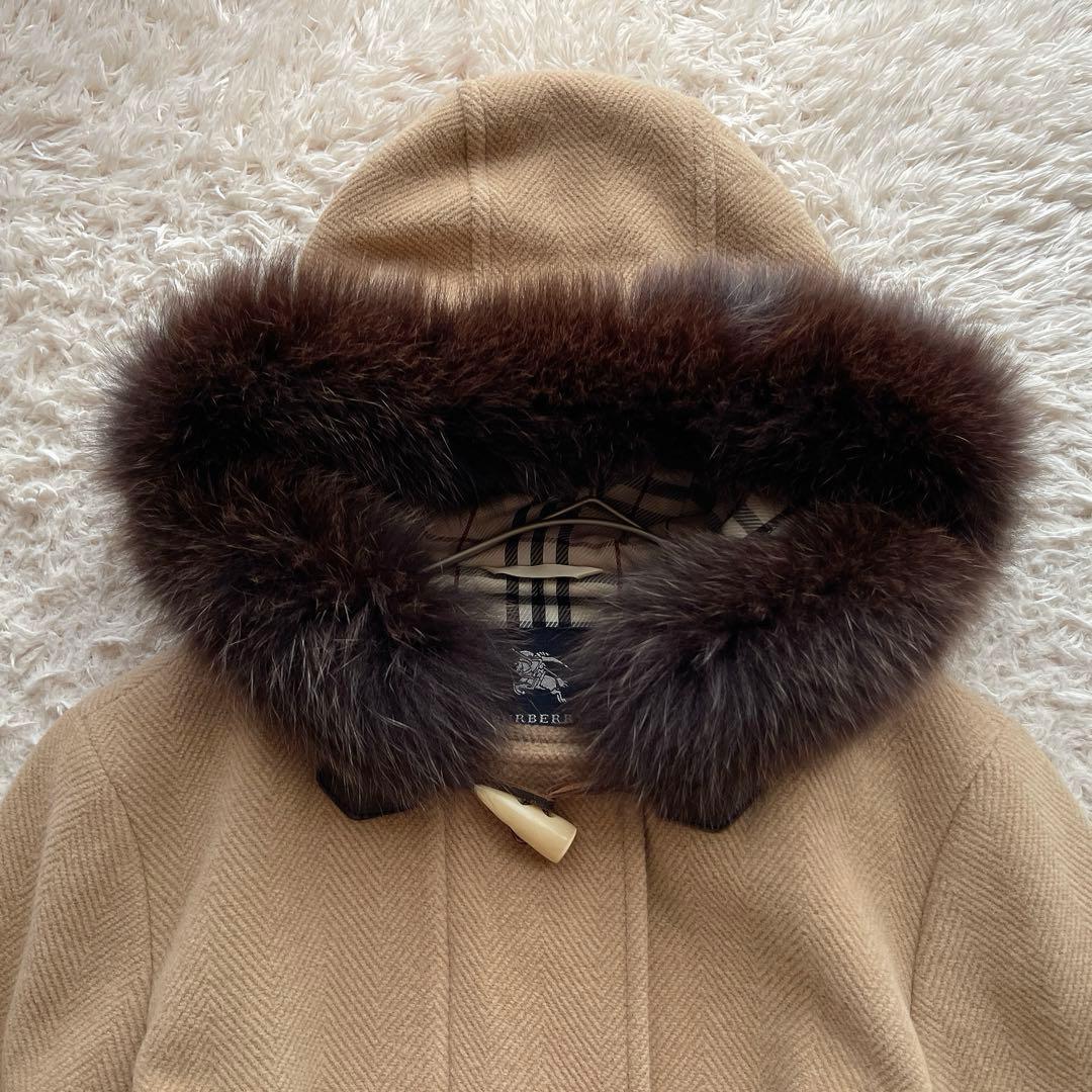 バーバリーロンドン ダッフルコート ノバチェック ファー アンゴラ混 ベージュ