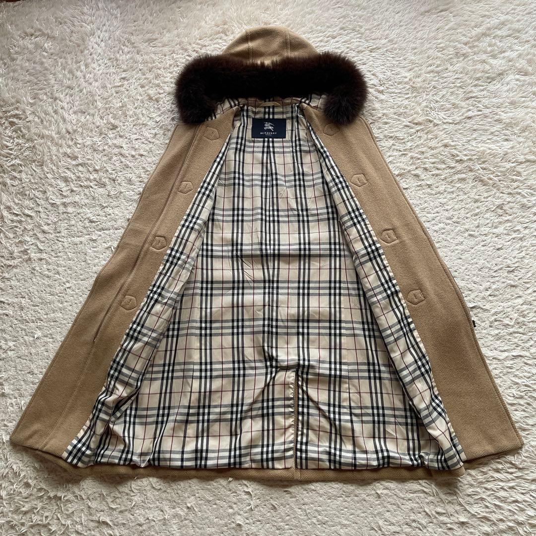バーバリーロンドン ダッフルコート ノバチェック ファー アンゴラ混 ベージュ