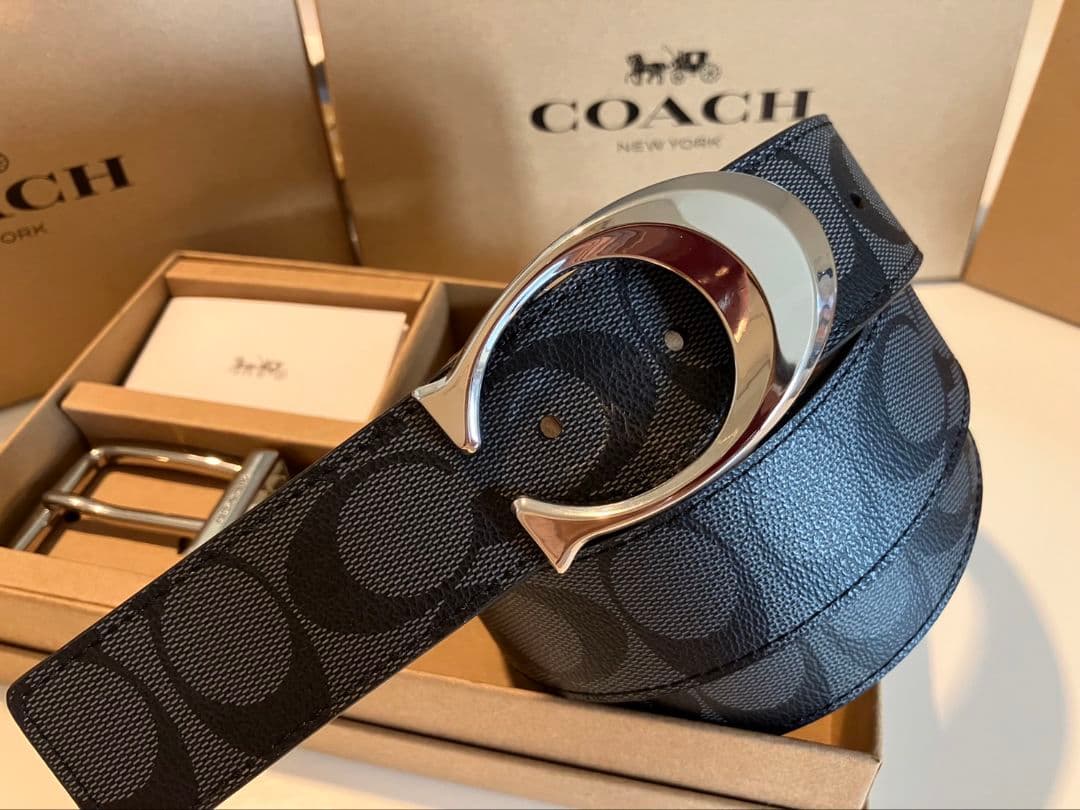 SALE♪コーチ新品リバーシブル　シグネチャーベルト　シルバーバックル　セット