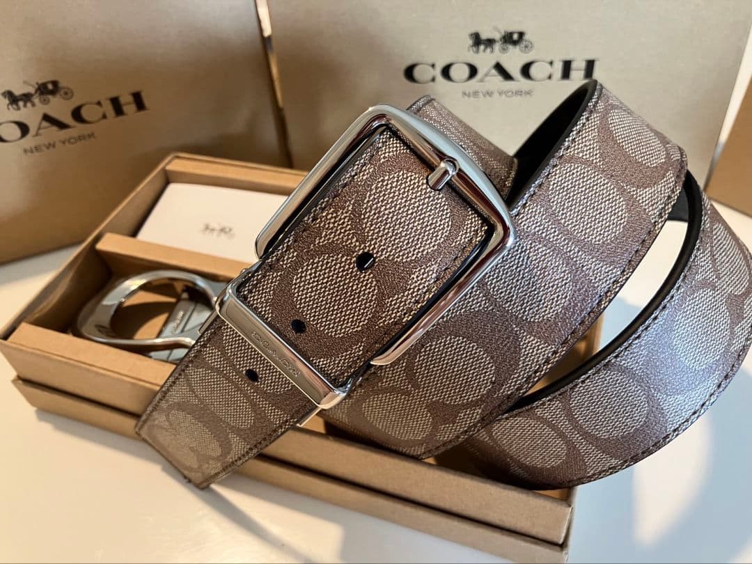 SALE♪コーチ新品リバーシブル　シグネチャーベルト　シルバーバックル　セット