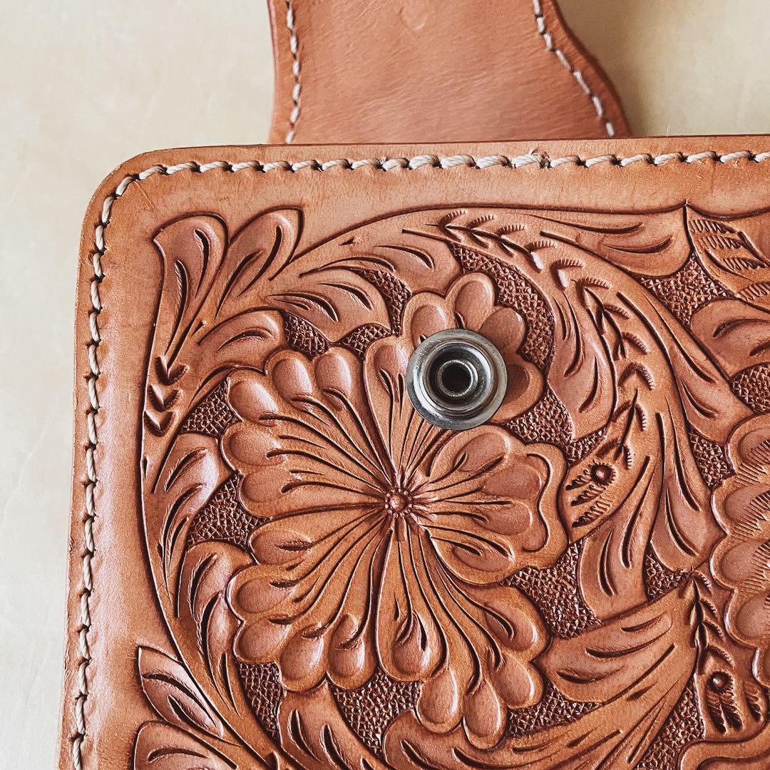 現品限り匿名配送 メンズ レザー 長財布 カービング 牛革 レプリカコンチョ