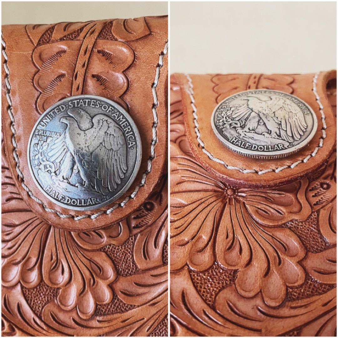 現品限り匿名配送 メンズ レザー 長財布 カービング 牛革 レプリカコンチョ