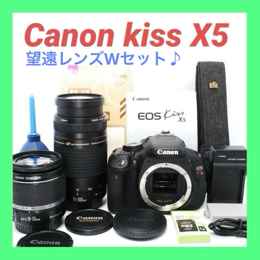 キヤノン Kiss X5☆入門機☆一眼レフカメラ☆Wレンズ☆付属品付きすぐ使える