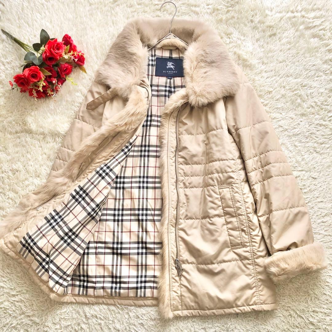 BURBERRY LONDON♪毛皮ノバチェック中綿コート　M ラビット2way