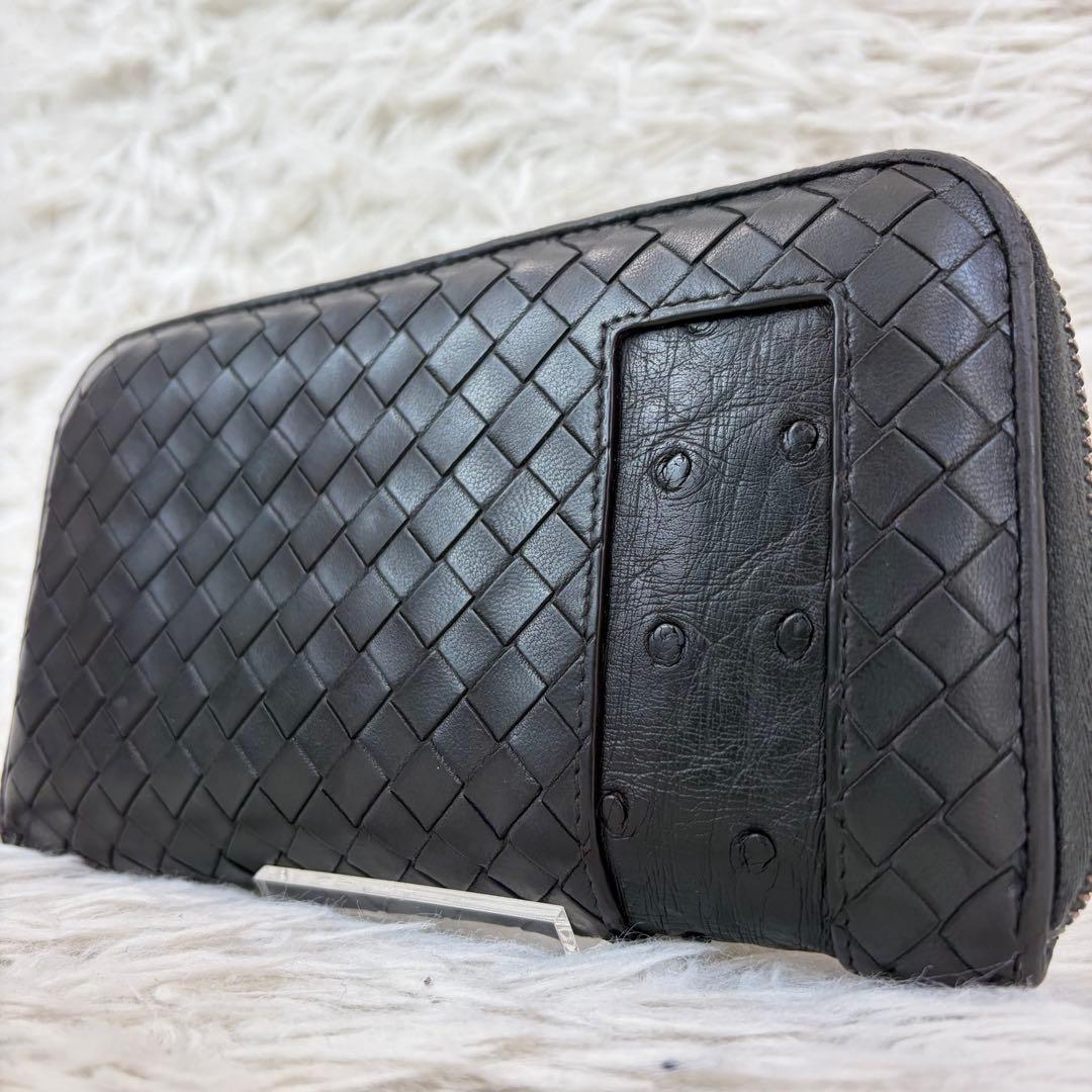 美品✨ボッテガ 長財布 ラウンド オーストリッチ ブラック/黒 イントレチャート