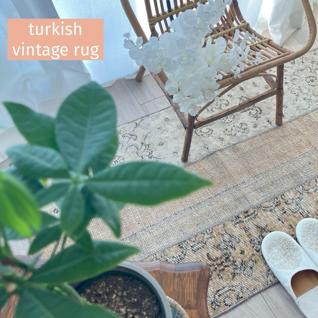 パッチワーク✳︎ 67×139ベージュ　フラワー　イエロー　トルコヴィンテージラグ