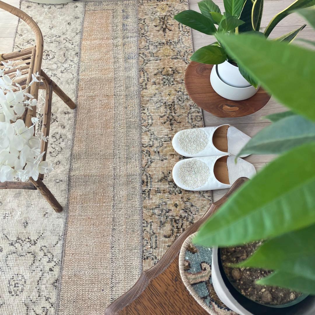 パッチワーク✳︎ 67×139ベージュ　フラワー　イエロー　トルコヴィンテージラグ