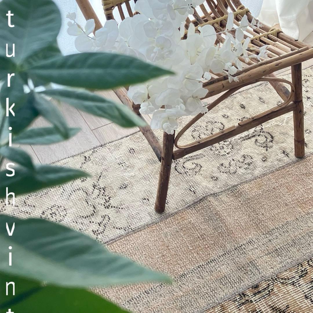 パッチワーク✳︎ 67×139ベージュ　フラワー　イエロー　トルコヴィンテージラグ