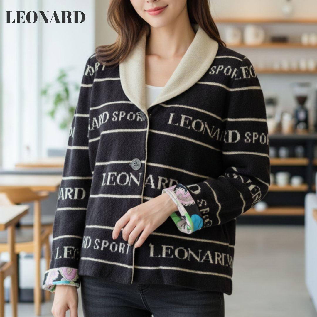 【美品】レオナール ロゴ ニットカーディガン 花柄 総柄 ブラウン 42 XL