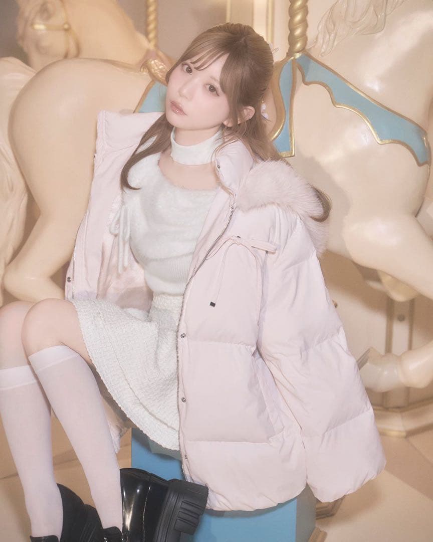 ミシェルマカロン ファーフードリボンダウンコート xs ピンク