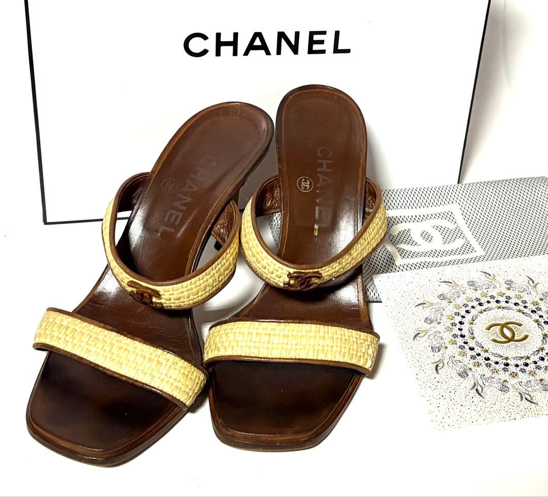 CHANELシャネル☆ブラウン ベージュ ミュール&保管袋・カード