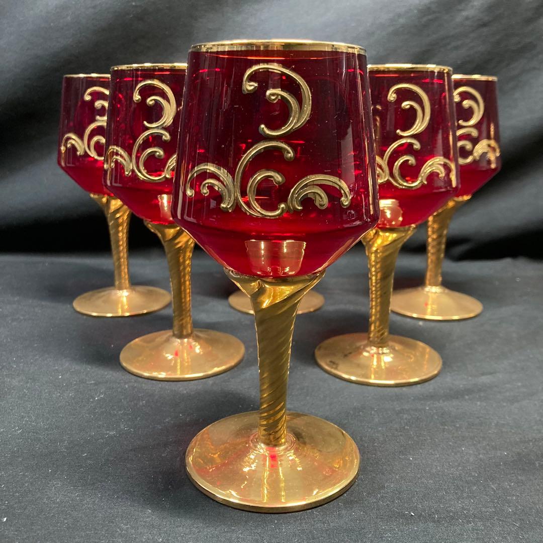 【美品】ボヘミアングラス デキャンタ ワイングラス6個 レッド 金彩 ガラス工芸