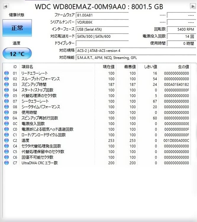 使用時間0H　WDl 8TB HDD WD80EMAZ 120411