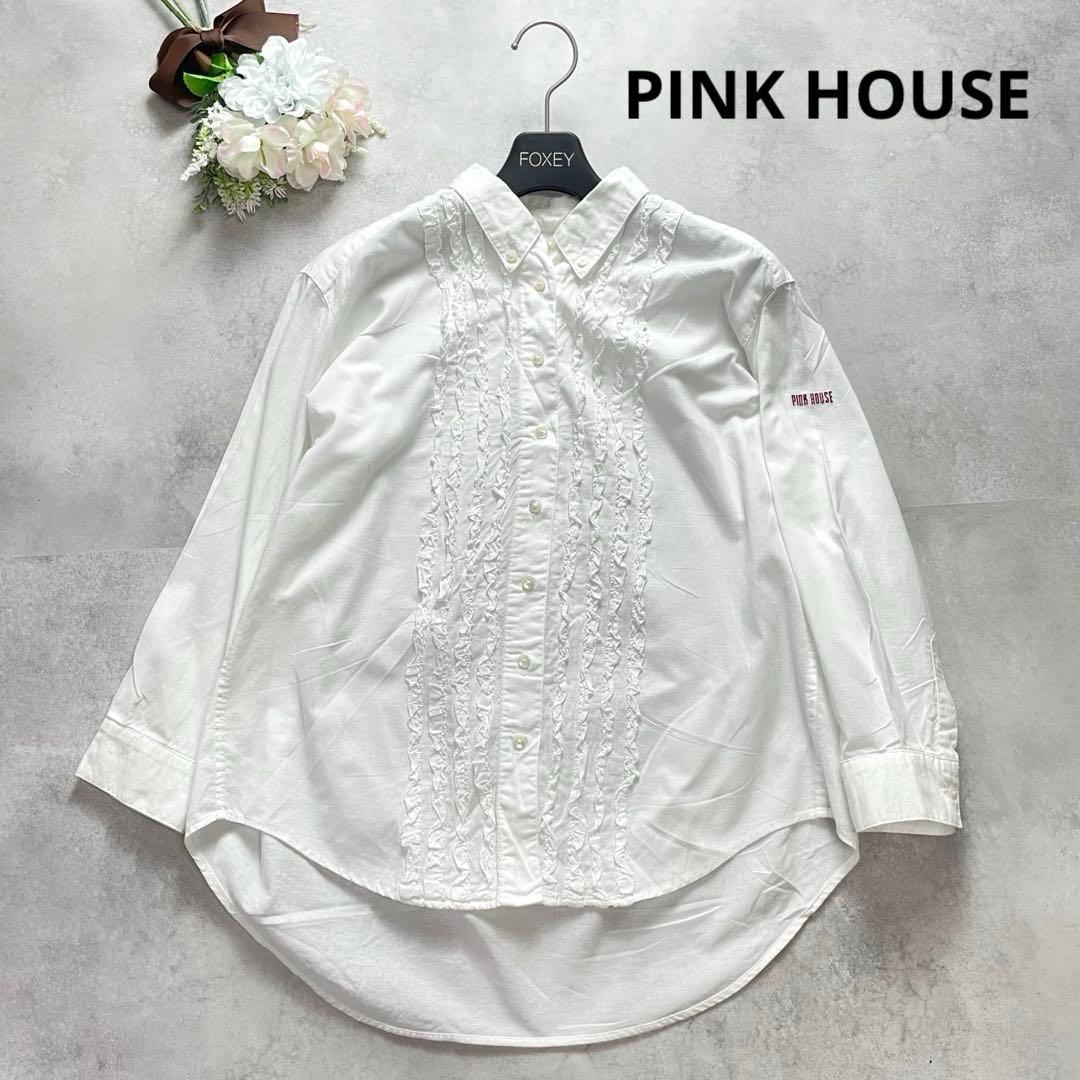 お洒落✨ピンクハウス ブラウス シャツ ピコフリル ロゴ刺繍 白 ホワイト 長袖