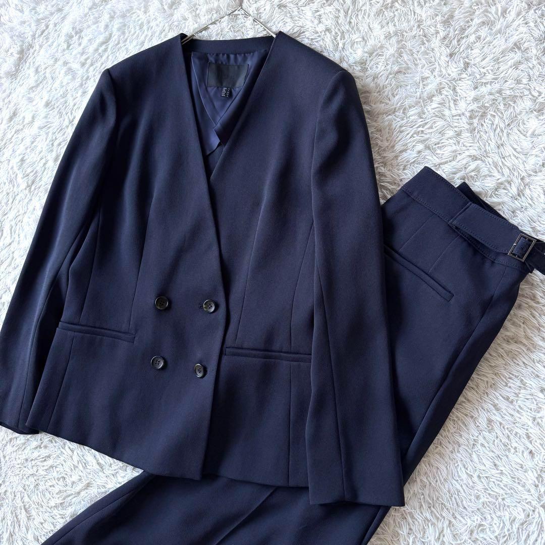 極美品　ICB ノーカラー　ダブル　ビジネス　スーツ　セットアップ　ブルー　M