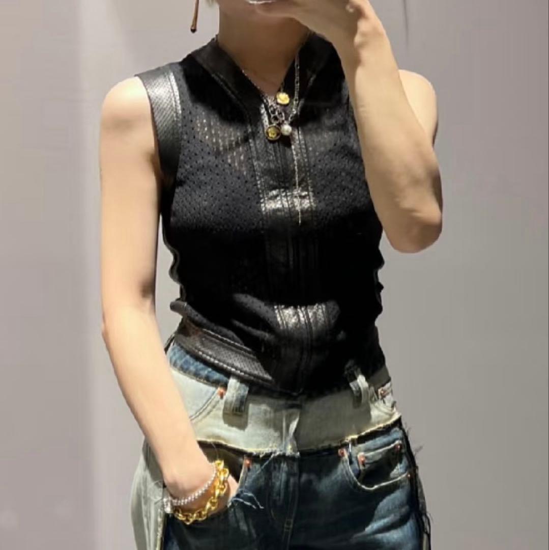 ヴィンテージ Gianni Versace レザー　パワーネット　トップスベスト