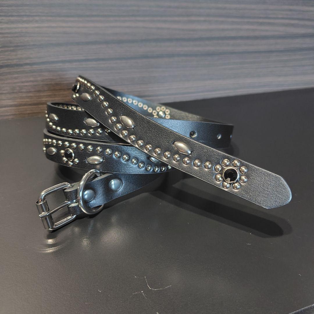 フラワー黒■本革レザーフルスタッズナローベルト☆アメカジ古着ヴィンテージキムタク