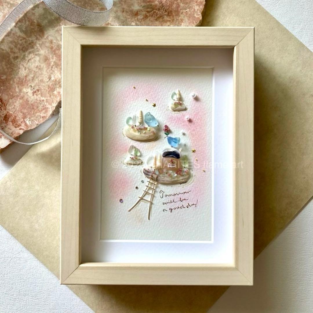 雲の上の出逢い　シーグラス／天然石／フレームアート／鳥