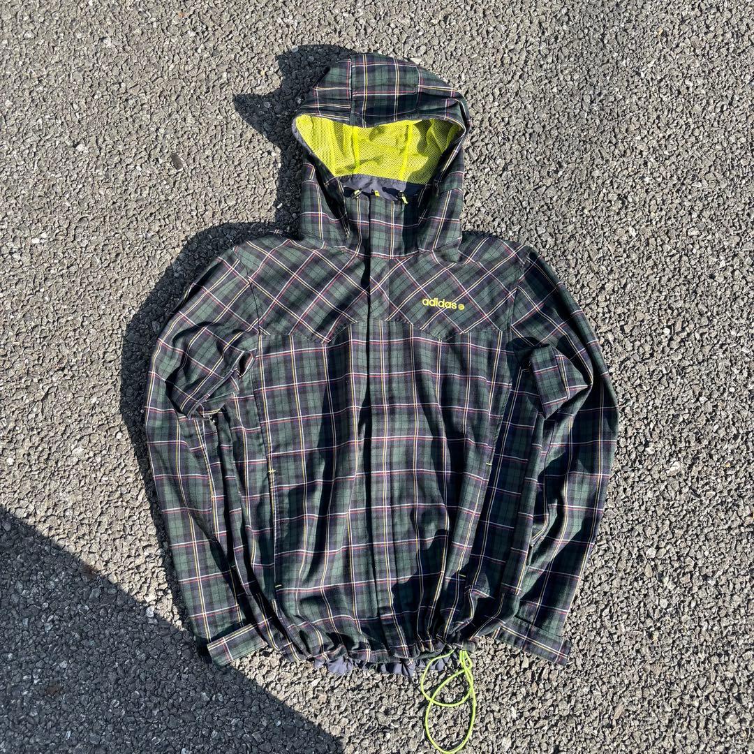 00s adidas 短丈 ジャケット y2kテック系 チェック柄 ドローコード