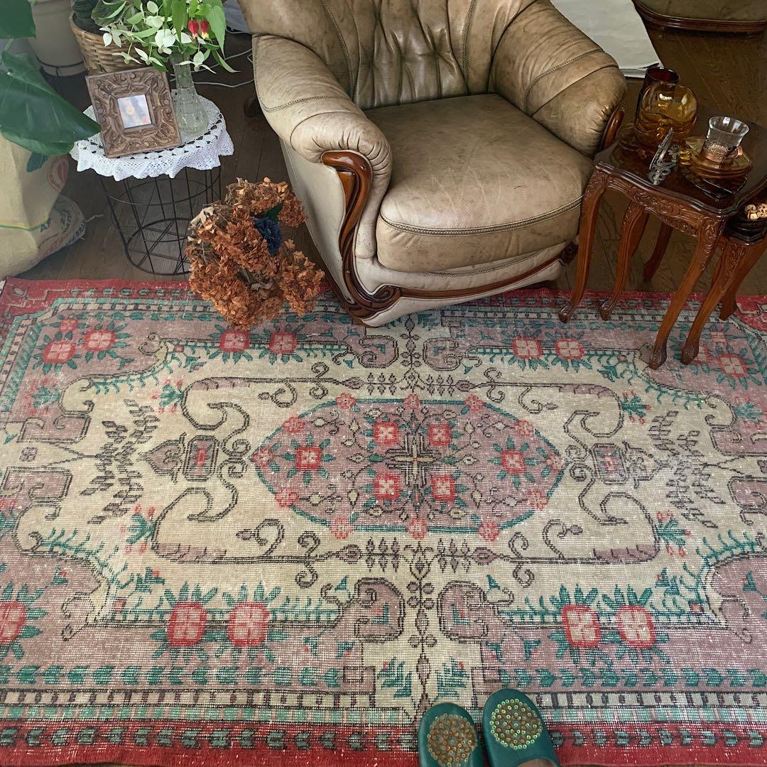 トルコヴィンテージラグ　205×122 モーヴピンク　フラワー　トルコラグ